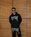 Erkek Premium Taş Baskılı Eşofman Takım Revenge Model (Siyah) Kapüşonlu Üst + Taşlı Baskılı Alt Modern Streetwear Tarzı Oversize Rahat Kalıp 3 iplik Pamuklu - Siyah