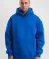 Erkek Saks Mavi Double Oversize 3 İplik Pamuklu Kapüşonlu Kanguru Cepli Sweatshirt Hoodie - Saks Mavi