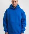 Erkek Saks Mavi Double Oversize 3 İplik Pamuklu Kapüşonlu Kanguru Cepli Sweatshirt Hoodie - Saks Mavi