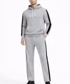 Erkek Şeritli Eşofman Takım Kapüşonlu Sweatshirt Boru Paça Alt, Oversize 3 Iplik Pamuklu - Gri