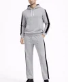 Erkek Şeritli Eşofman Takım Kapüşonlu Sweatshirt Boru Paça Alt, Oversize 3 iplik Pamuklu - Gri