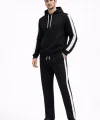 Erkek Şeritli Eşofman Takım Kapüşonlu Sweatshirt Boru Paça Alt, Oversize 3 Iplik Pamuklu - Siyah