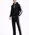 Erkek Şeritli Eşofman Takım Kapüşonlu Sweatshirt Boru Paça Alt, Oversize 3 iplik Pamuklu - Siyah