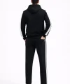 Erkek Şeritli Eşofman Takım Kapüşonlu Sweatshirt Boru Paça Alt, Oversize 3 Iplik Pamuklu - Siyah
