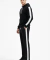Erkek Şeritli Eşofman Takım Kapüşonlu Sweatshirt Boru Paça Alt, Oversize 3 iplik Pamuklu - Siyah