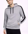 Erkek Şeritli Kapüşonlu Sweatshirt Oversize 3 iplik Pamuklu - Gri