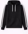Erkek Şeritli Kapüşonlu Sweatshirt Oversize 3 iplik Pamuklu - Siyah