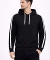 Erkek Şeritli Kapüşonlu Sweatshirt Oversize 3 Iplik Pamuklu - Siyah