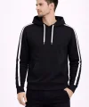 Erkek Şeritli Kapüşonlu Sweatshirt Oversize 3 iplik Pamuklu - Siyah