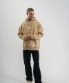 Erkek Şimşek Baskılı Kapşonlu Sweatshirt Üç İplik Pamuklu Kanguru Cepli Double Oversize Hoodie - Bej