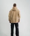 Erkek Şimşek Baskılı Kapşonlu Sweatshirt Üç İplik Pamuklu Kanguru Cepli Double Oversize Hoodie - Bej