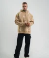 Erkek Şimşek Baskılı Kapşonlu Sweatshirt Üç İplik Pamuklu Kanguru Cepli Double Oversize Hoodie - Bej