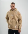 Erkek Şimşek Baskılı Kapşonlu Sweatshirt Üç İplik Pamuklu Kanguru Cepli Double Oversize Hoodie - Bej