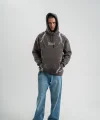 Erkek Şimşek Baskılı Kapşonlu Sweatshirt Üç İplik Pamuklu Kanguru Cepli Double Oversize Hoodie - Füme