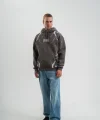 Erkek Şimşek Baskılı Kapşonlu Sweatshirt Üç İplik Pamuklu Kanguru Cepli Double Oversize Hoodie - Füme