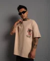 Erkek Sırt Baskılı A Kalite Oversize T-shirt - Bej