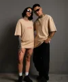 Erkek Sırt Baskılı Oversize T-shirt - Bej
