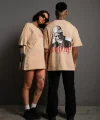 Erkek Oversize Tişört – Beyaz 24/1 Penye Kumaş, Bisiklet Yaka, Ön & Arka Baskılı, Streetwear Tarzı Rahat Büyük Kalıp T-Shirt - Bej