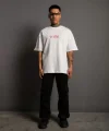 Erkek Oversize Tişört – Beyaz 24/1 Penye Kumaş, Bisiklet Yaka, Ön & Arka Baskılı, Streetwear Tarzı Rahat Büyük Kalıp T-Shirt- Beyaz