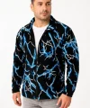Erkek Tam Fermuarlı Desenli Polar Sweat Lightning Desen Yakalı, Uzun Kollu, Oversize Rahat Kalıp - Siyah
