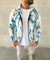 Erkek Tam Fermuarlı Desenli Polar Sweat Lightning Desen Yakalı, Uzun Kollu, Oversize Rahat Kalıp - Beyaz