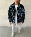 Erkek Tam Fermuarlı Desenli Polar Sweat Lightning Desen Yakalı, Uzun Kollu, Oversize Rahat Kalıp - Siyah
