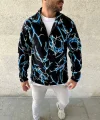 Erkek Tam Fermuarlı Desenli Polar Sweat Lightning Desen Yakalı, Uzun Kollu, Oversize Rahat Kalıp - Siyah