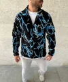 Erkek Tam Fermuarlı Desenli Polar Sweat Lightning Desen Yakalı, Uzun Kollu, Oversize Rahat Kalıp - Siyah