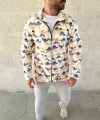Erkek Tam Fermuarlı Desenli Polar Sweat – Siyah Multicolor Figür Desen Yakalı, Uzun Kollu, Oversize Rahat Kalıp- Beyaz