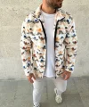 Erkek Tam Fermuarlı Desenli Polar Sweat – Siyah Multicolor Figür Desen Yakalı, Uzun Kollu, Oversize Rahat Kalıp- Beyaz
