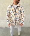 Erkek Tam Fermuarlı Desenli Polar Sweat – Siyah Multicolor Figür Desen Yakalı, Uzun Kollu, Oversize Rahat Kalıp- Beyaz
