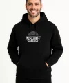 Erkek Kapşonlu Sweatshirt – Oversize Üç İplik Şardonlu Hoodie, “West Coast Classics” Ön & Arka Baskılı, Kanguru Cepli Kışlık Günlük Stil - Siyah