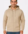 Erkek Üç İplik Kapüşonlu Tam Fermuarlı Kanguru Çepli SweatShirt Hoodie - Bej