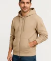 Erkek Üç İplik Kapüşonlu Tam Fermuarlı Kanguru Çepli SweatShirt Hoodie - Bej