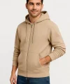 Erkek Üç İplik Kapüşonlu Tam Fermuarlı Kanguru Çepli SweatShirt Hoodie - Bej