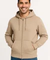 Erkek Üç İplik Kapüşonlu Tam Fermuarlı Kanguru Çepli SweatShirt Hoodie - Bej
