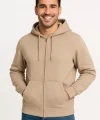Erkek Üç İplik Kapüşonlu Tam Fermuarlı Kanguru Çepli SweatShirt Hoodie - Bej