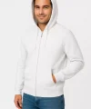 Erkek Üç İplik Kapüşonlu Tam Fermuarlı Kanguru Cepli SweatShirt Hoodie - Beyaz