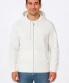 Erkek Üç İplik Kapüşonlu Tam Fermuarlı Kanguru Çepli SweatShirt Hoodie - Beyaz