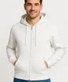 Erkek Üç İplik Kapüşonlu Tam Fermuarlı Kanguru Cepli SweatShirt Hoodie - Beyaz