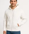 Erkek Üç İplik Kapüşonlu Tam Fermuarlı Kanguru Cepli SweatShirt Hoodie - Beyaz