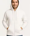 Erkek Üç İplik Kapüşonlu Tam Fermuarlı Kanguru Cepli SweatShirt Hoodie - Beyaz