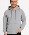Erkek Üç İplik Kapüşonlu Tam Fermuarlı Kanguru Çepli SweatShirt Hoodie - Gri
