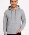 Erkek Üç İplik Kapüşonlu Tam Fermuarlı Kanguru Çepli SweatShirt Hoodie - Gri