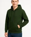 Erkek Üç İplik Kapüşonlu Tam Fermuarlı Kanguru Çepli SweatShirt Hoodie - Haki
