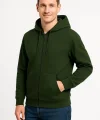 Erkek Üç İplik Kapüşonlu Tam Fermuarlı Kanguru Cepli Sweatshirt Hoodie - Haki