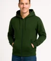 Erkek Üç İplik Kapüşonlu Tam Fermuarlı Kanguru Çepli SweatShirt Hoodie - Haki