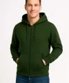 Erkek Üç İplik Kapüşonlu Tam Fermuarlı Kanguru Cepli Sweatshirt Hoodie - Haki