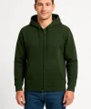 Erkek Üç İplik Kapüşonlu Tam Fermuarlı Kanguru Cepli Sweatshirt Hoodie - Haki