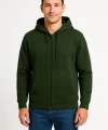 Erkek Üç İplik Kapüşonlu Tam Fermuarlı Kanguru Çepli SweatShirt Hoodie - Haki